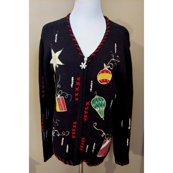 Vintage Ugly Christmas Sweater Women's Small Embroidery Patches Ornaments Sequin - Picture 1 of 8